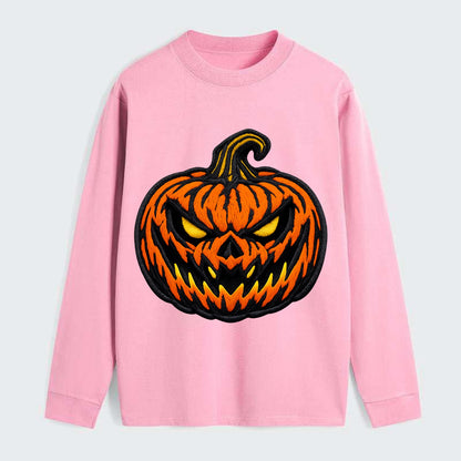 HALLOWEEN PUMPKIN - jack o lantern in orange and black , spooky - Classic Long Sleeve Shirt - Pink