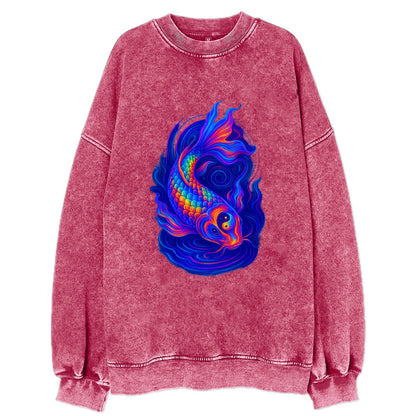 Sacred koi with scales reflecting rainbow prisms, yin-yang patterns in cosmic - Vintage Sweatshirt - Pink