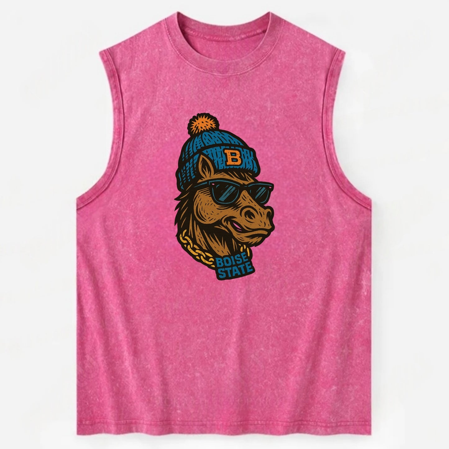 Boise Bronco wearing Boise State beanie with B patch - Vintage Washed Tank - Pink