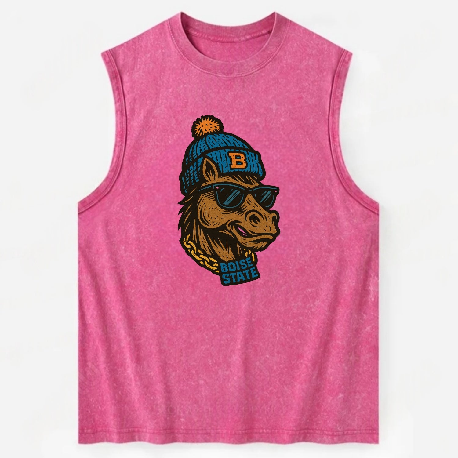 Boise Bronco wearing Boise State beanie with B patch - Vintage Washed Tank - Pink