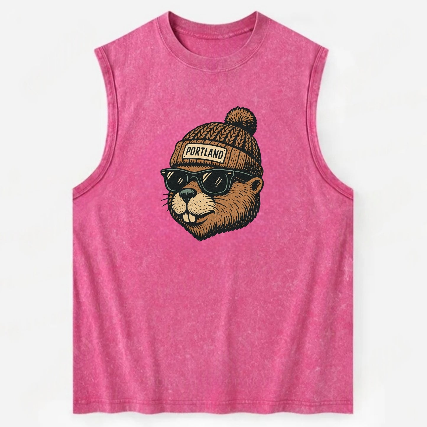 Portland Beaver wearing Portland beanie with pom pom and wayfarer sunglasses - Vintage Washed Tank - Pink