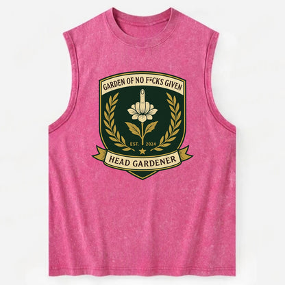 Shield with middle finger flower - "Garden of No F*cks Given - Head Gardener" - Vintage Washed Tank - Pink