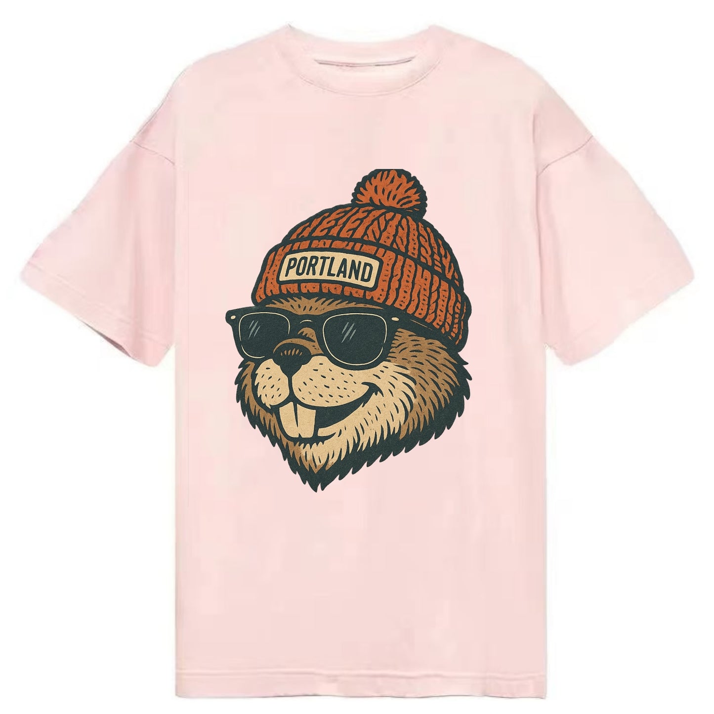 Oregon Beaver wearing Portland beanie with pom pom and wayfarer sunglasses - Classic T-shirt - Pink