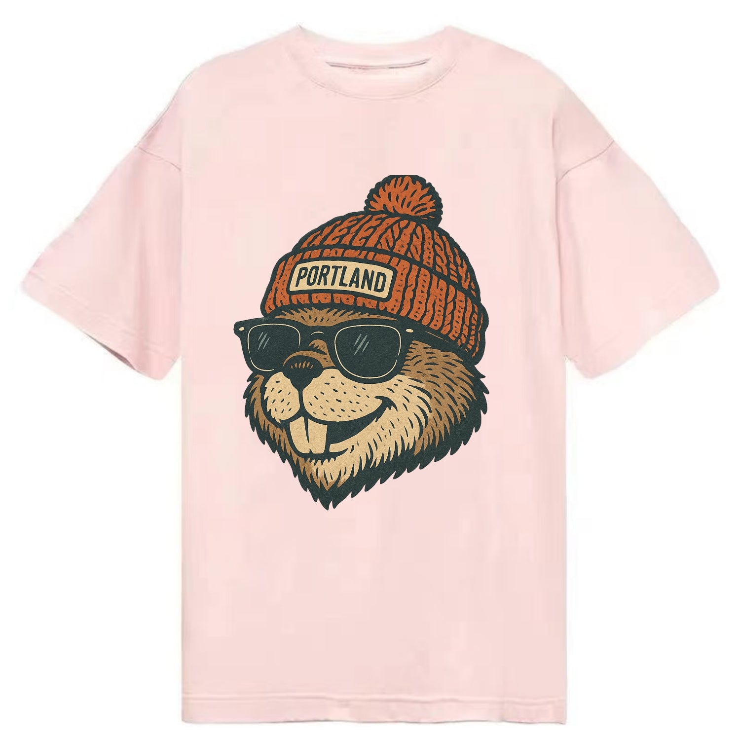 Oregon Beaver wearing Portland beanie with pom pom and wayfarer sunglasses - Classic T-shirt - Pink