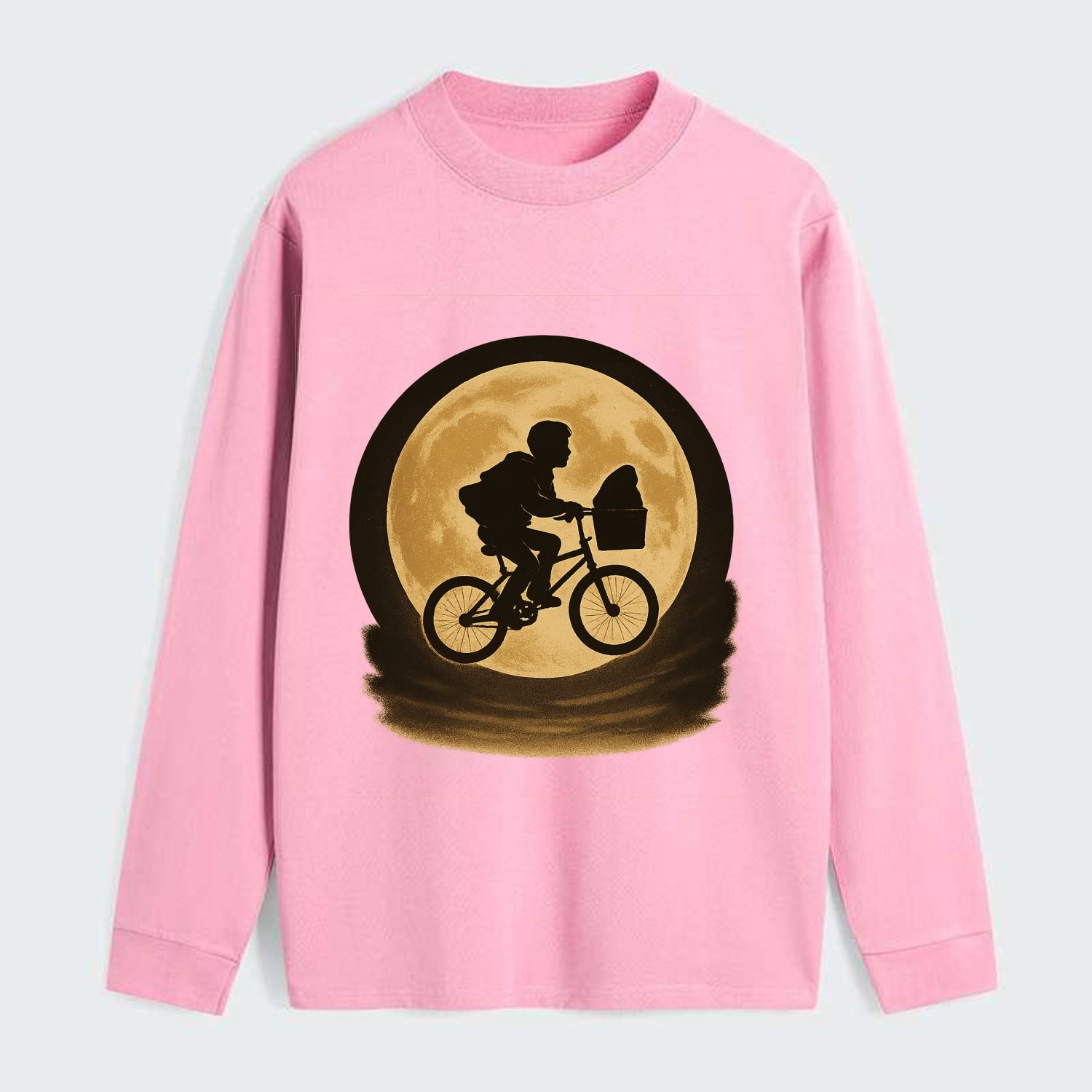 boy with bicycle flying across full moon with silhouette - Classic Long Sleeve Shirt - Pink
