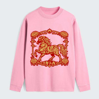 HORSE | Silk style horse design | Gold and silver thread appearance | - Classic Long Sleeve Shirt - Pink