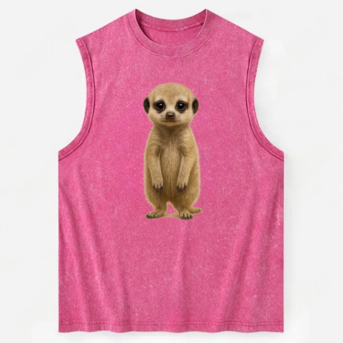 Baby Meerkat - tan fur, dark eye patches, alert stance, bright eyes, - Vintage Washed Tank - Pink