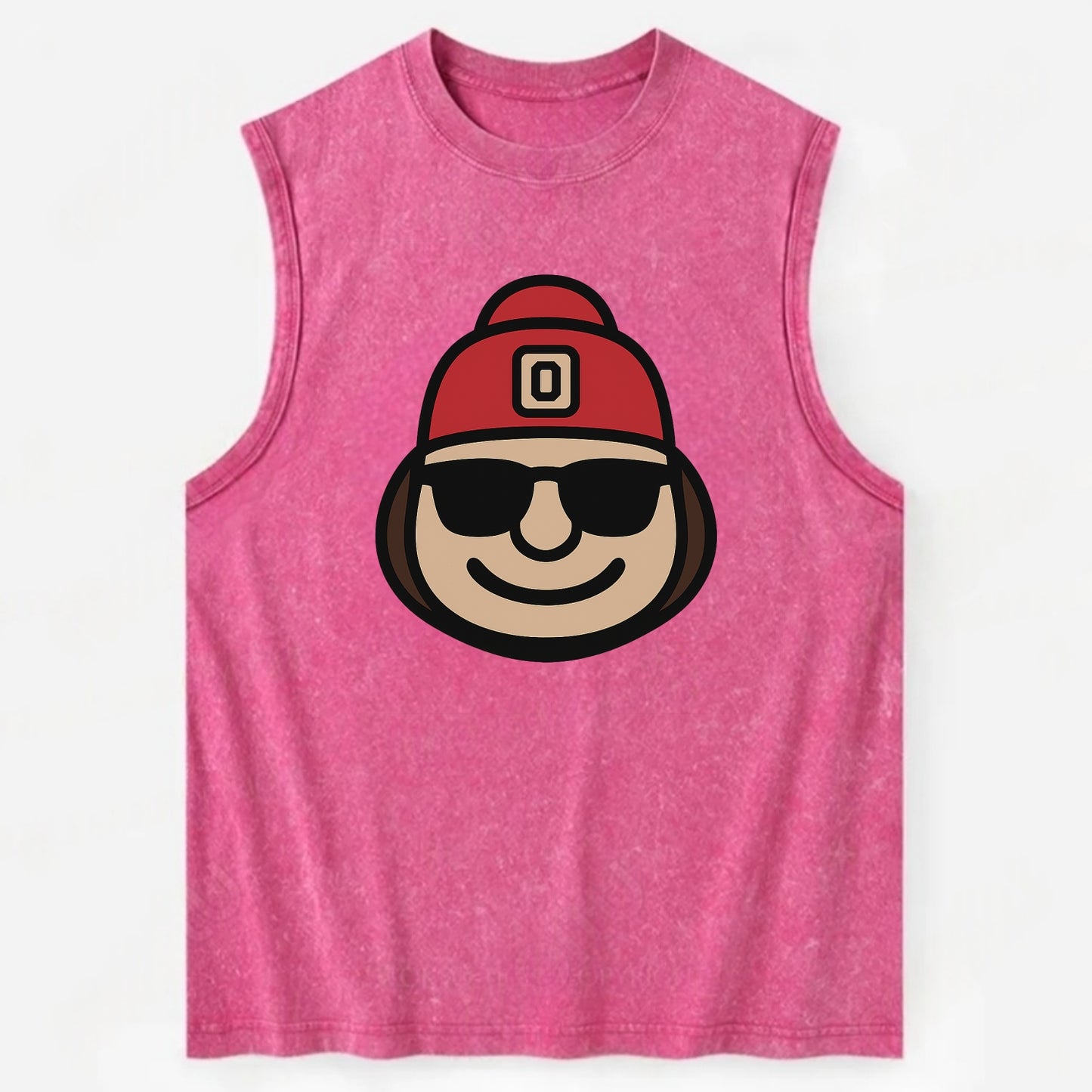 Columbus Brutus wearing Ohio State beanie with Block O patch - Vintage Washed Tank - Pink