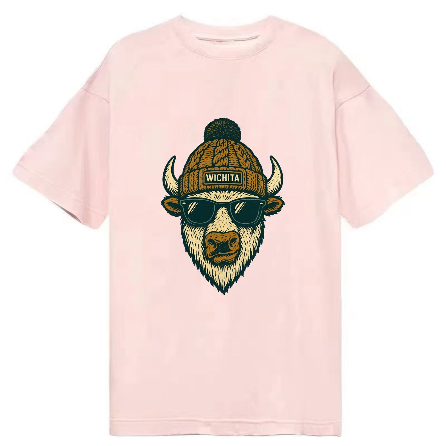 Kansas American Bison wearing Wichita beanie with pom pom and wayfarer sunglasses - Classic T-shirt - Pink