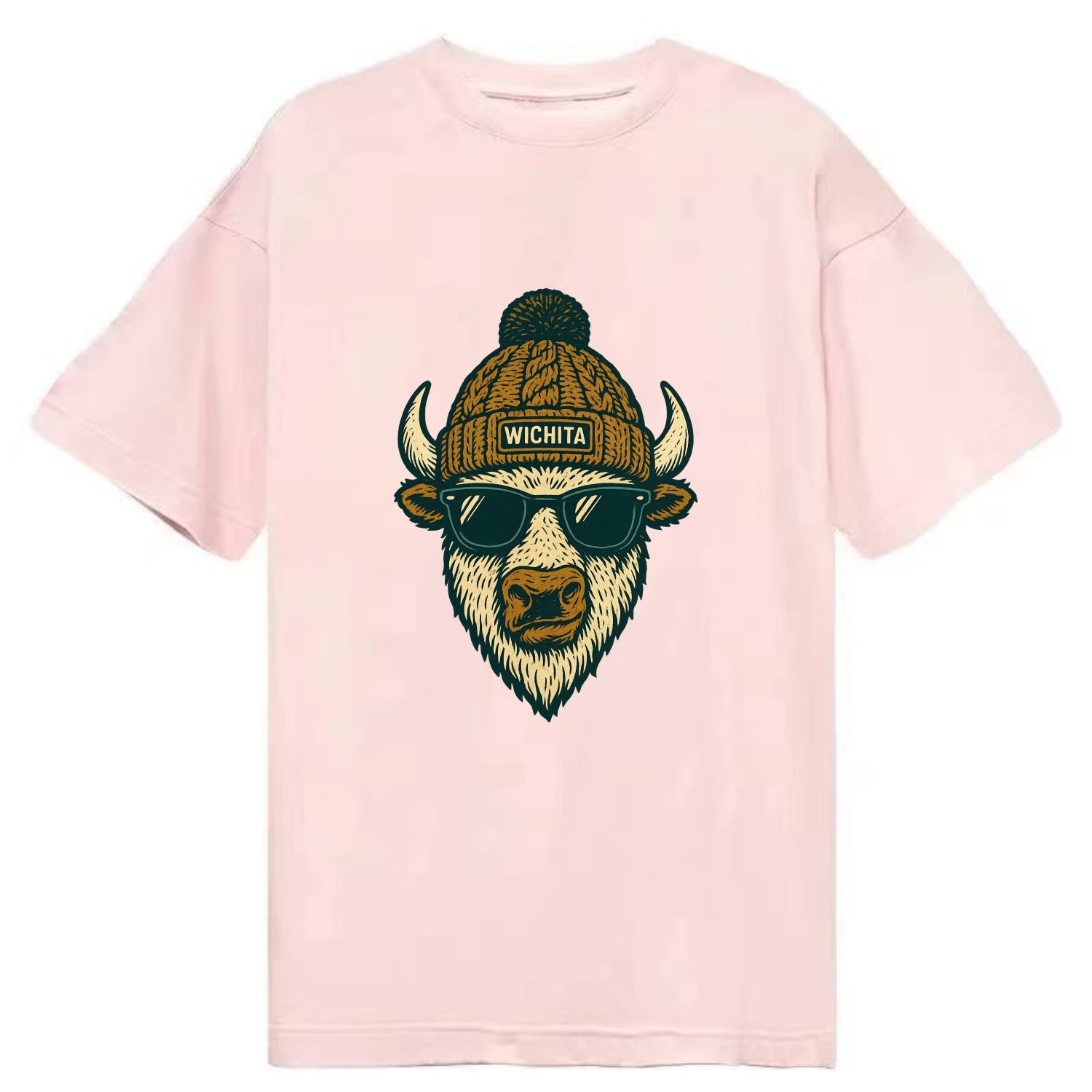 Kansas American Bison wearing Wichita beanie with pom pom and wayfarer sunglasses - Classic T-shirt - Pink