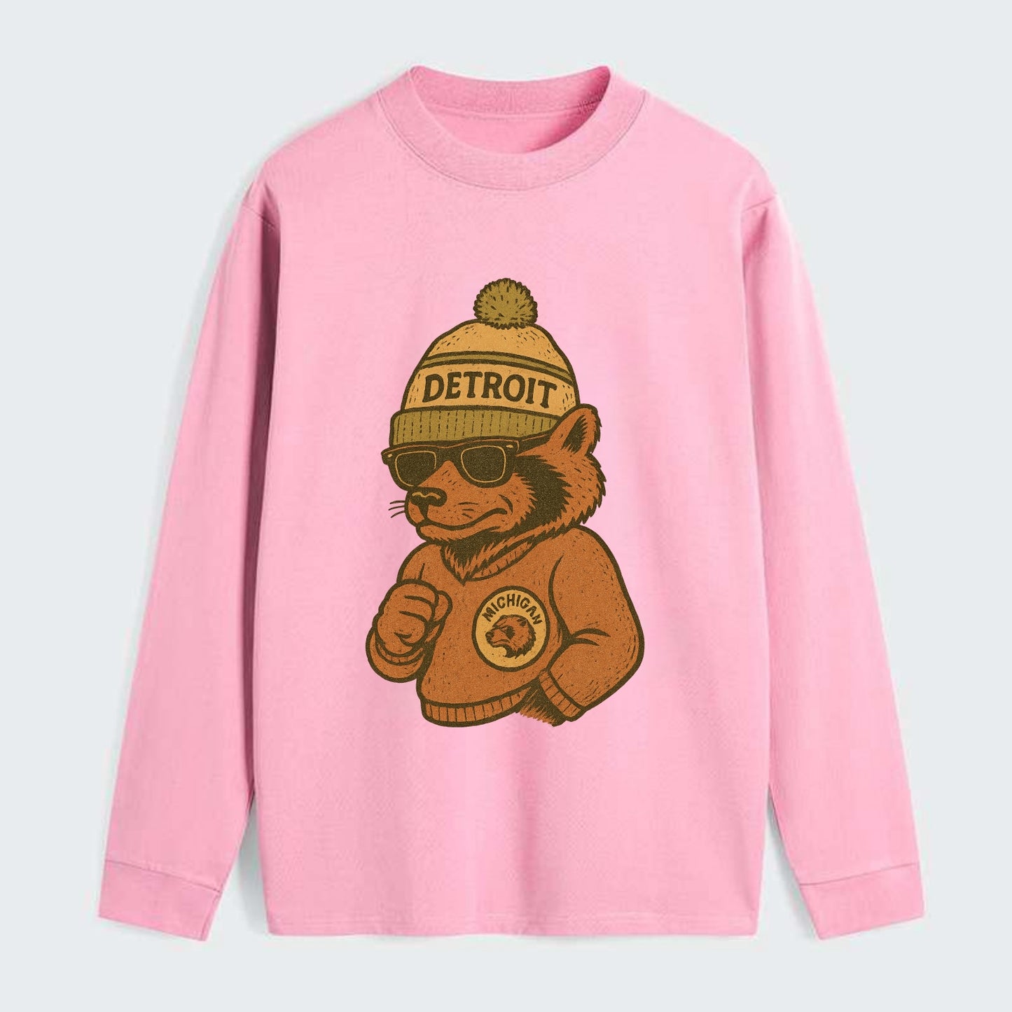 Michigan Wolverine wearing Detroit beanie with pom pom and wayfarer - Classic Long Sleeve Shirt - Pink