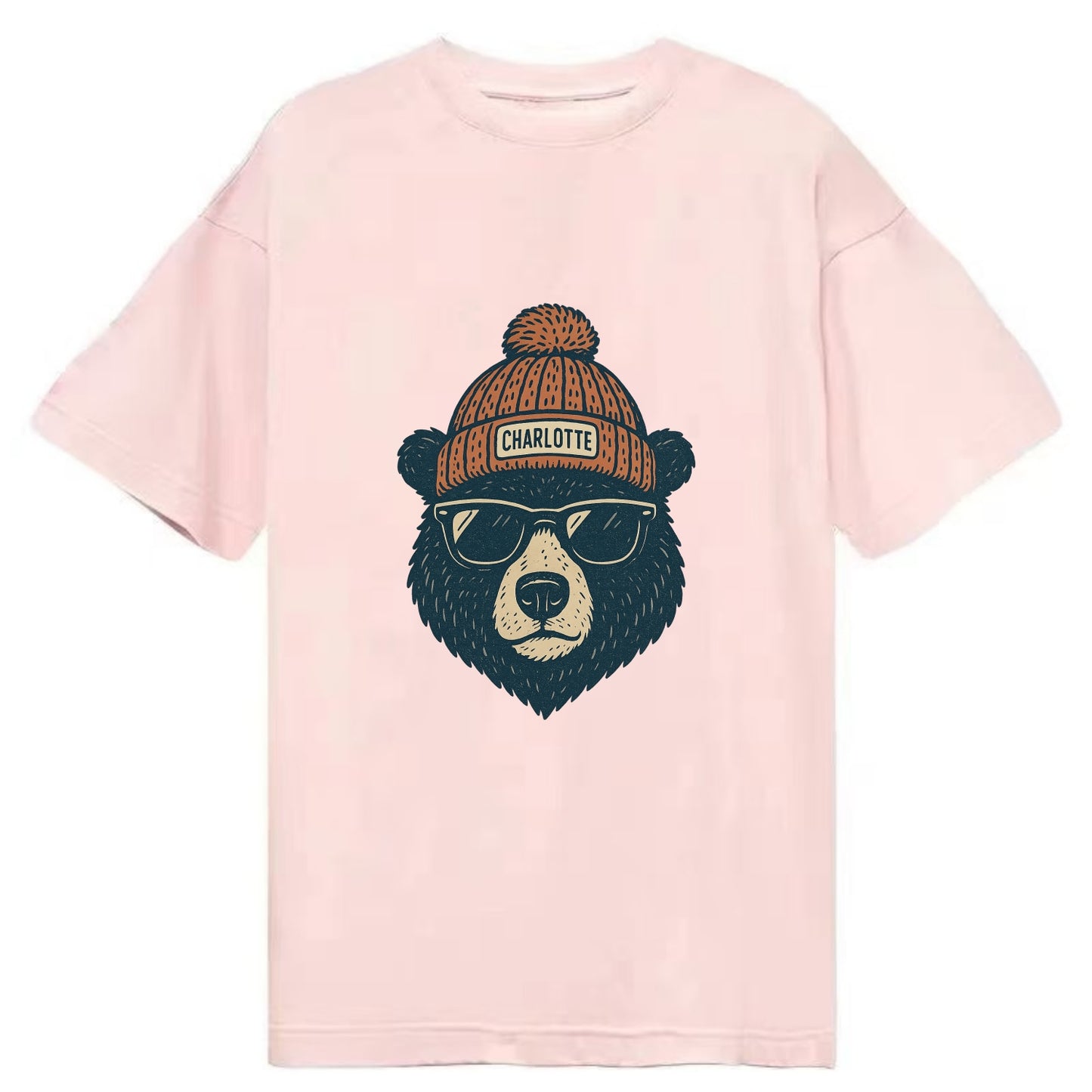 North Carolina Black Bear wearing Charlotte beanie with pom pom and wayfarer - Classic T-shirt - Pink