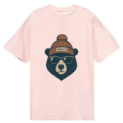 North Carolina Black Bear wearing Charlotte beanie with pom pom and wayfarer - Classic T-shirt - Pink