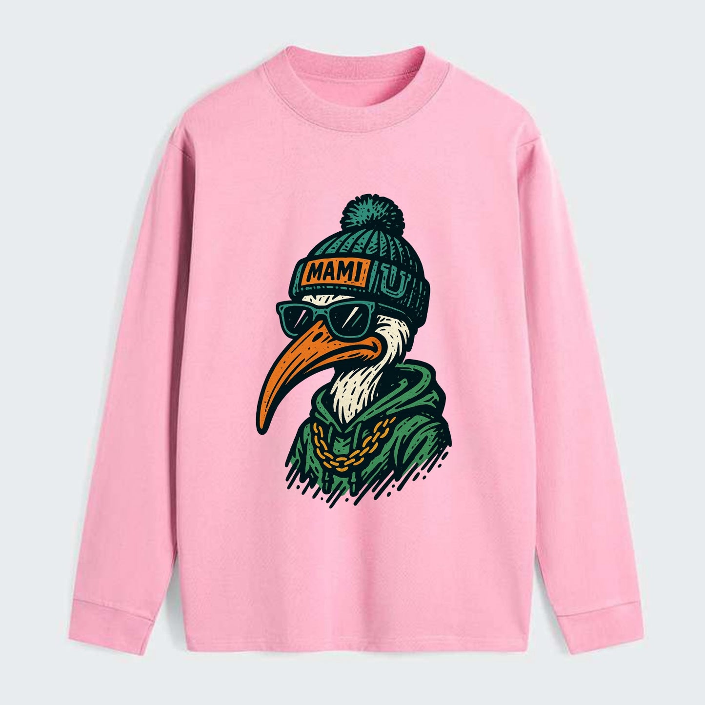 Coral Gables Ibis wearing Miami beanie with U patch - Classic Long Sleeve Shirt - Pink
