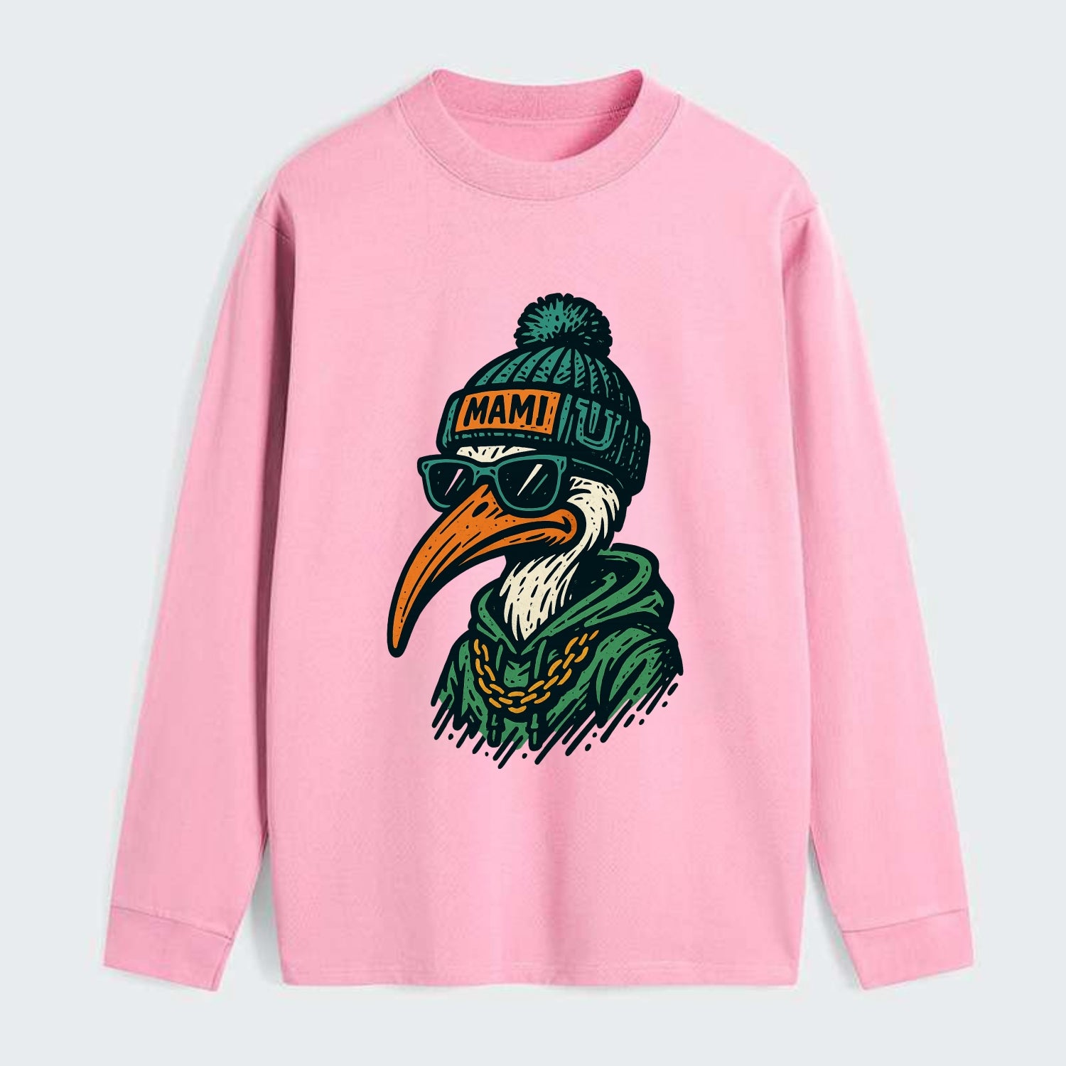 Coral Gables Ibis wearing Miami beanie with U patch - Classic Long Sleeve Shirt - Pink