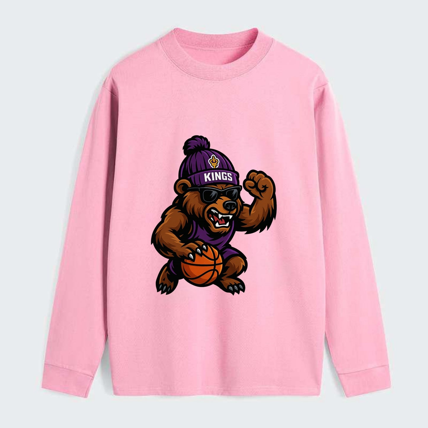 California Grizzly wearing Kings beanie with royal scepter patch and - Classic Long Sleeve Shirt - Pink
