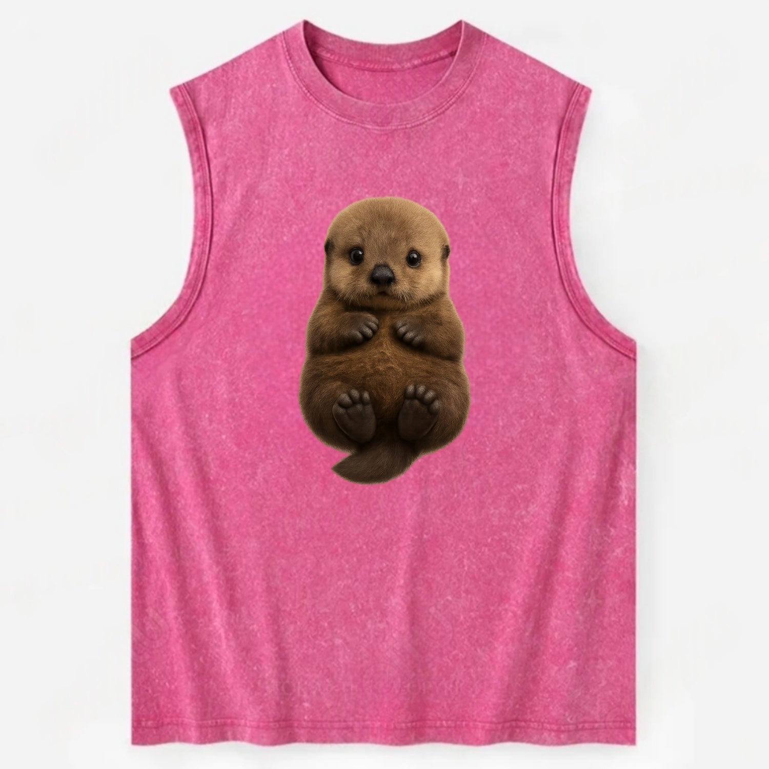 Baby Sea Otter - brown fluffy, floating on back, tiny paws, bright eyes, - Vintage Washed Tank - Pink