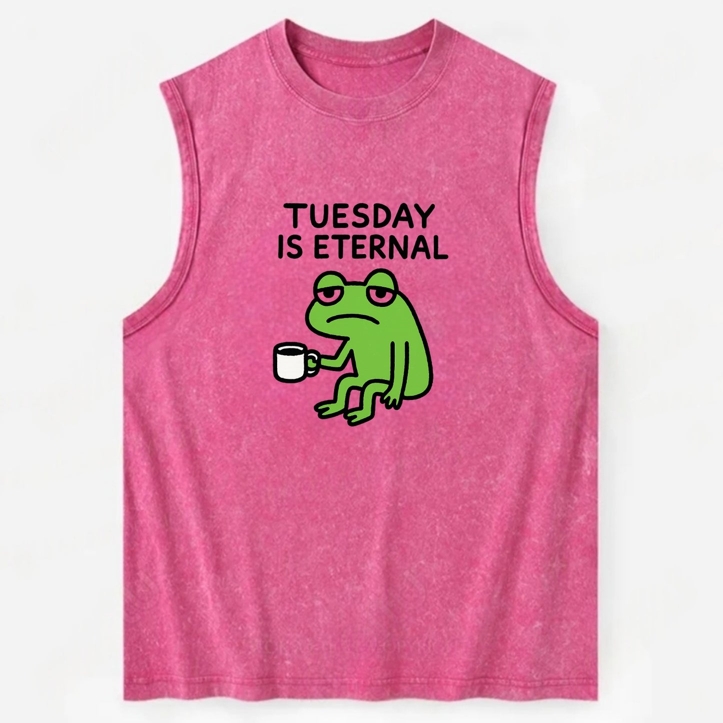 TUESDAY IS ETERNAL | Tired frog with coffee cup - Vintage Washed Tank - Pink