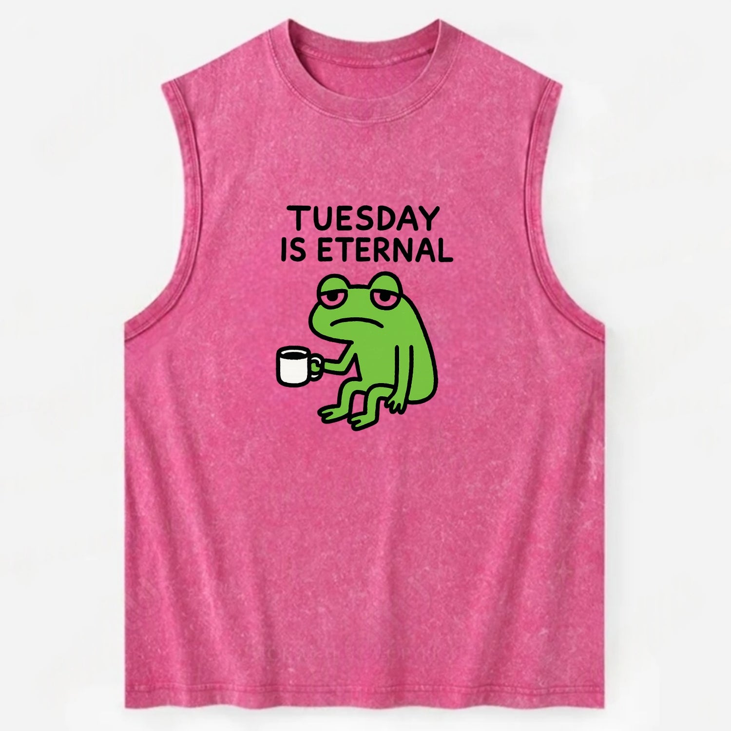 TUESDAY IS ETERNAL | Tired frog with coffee cup - Vintage Washed Tank - Pink