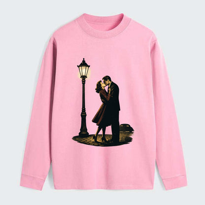 first kiss under vintage street lamp on cobblestone at night - Classic Long Sleeve Shirt - Pink