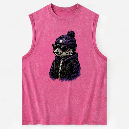Fort Worth Frog wearing TCU beanie with horned patch - Vintage Washed Tank