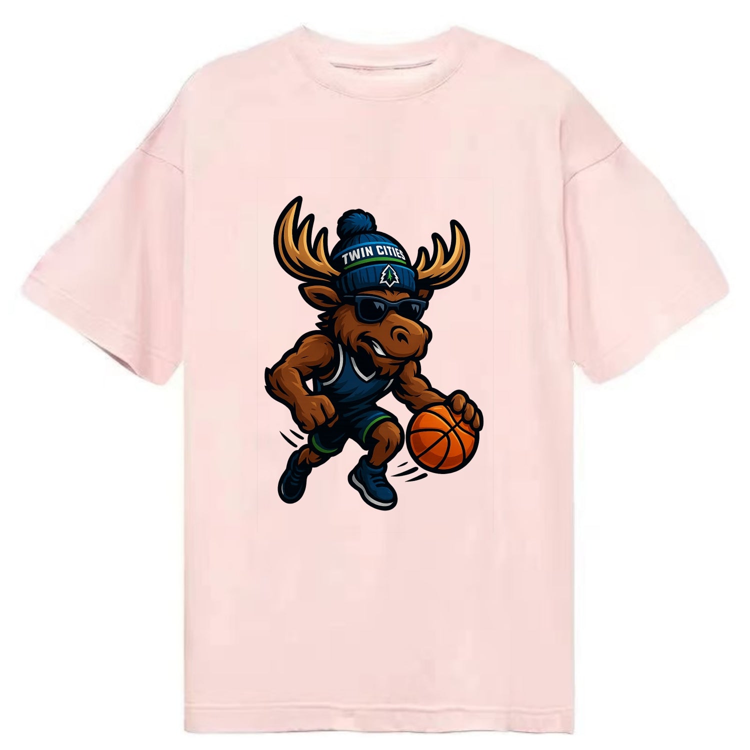 Twin Cities Moose wearing Timberwolves beanie with pine tree patch and wayfarer - Classic T-shirt - Pink