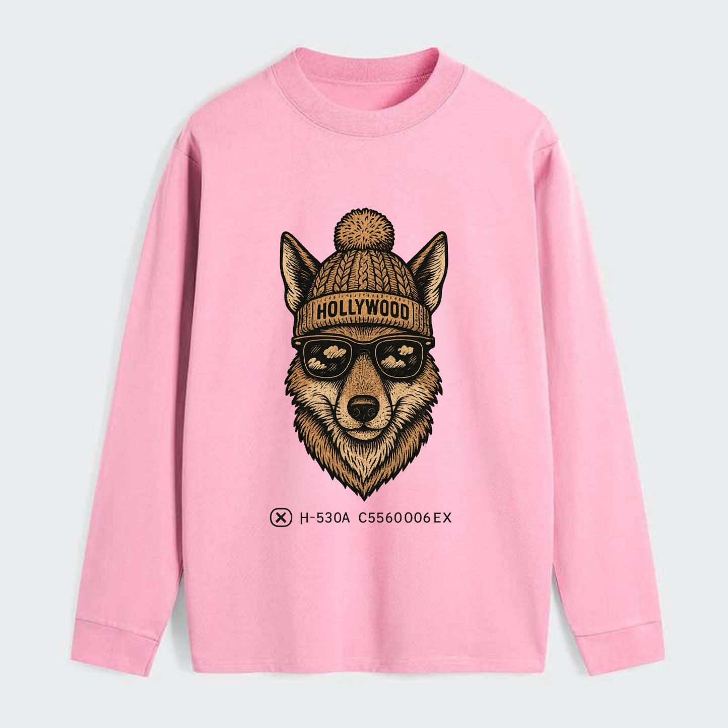 LA Coyote wearing Hollywood beanie with pom pom and wayfarer sunglasses - Classic Long Sleeve Shirt - Pink