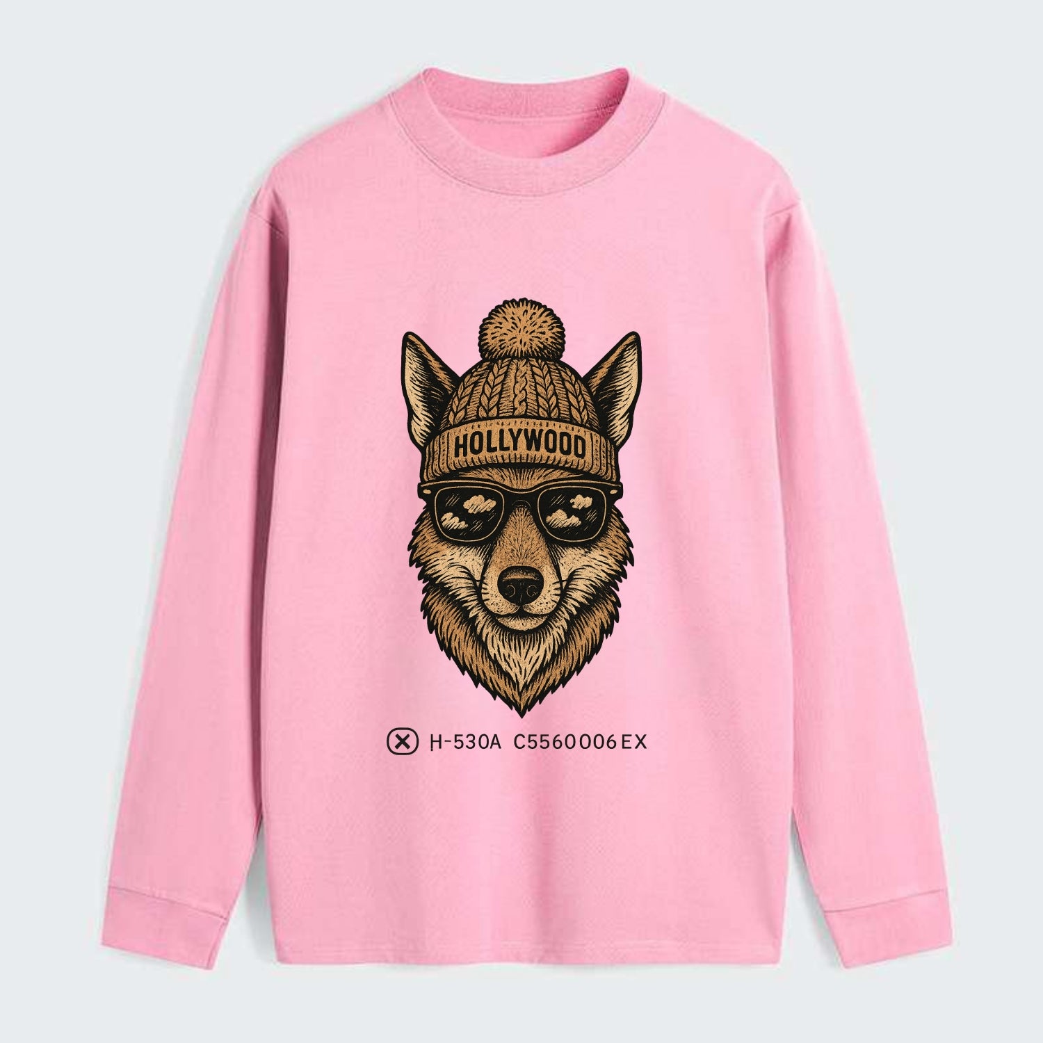 LA Coyote wearing Hollywood beanie with pom pom and wayfarer sunglasses - Classic Long Sleeve Shirt - Pink