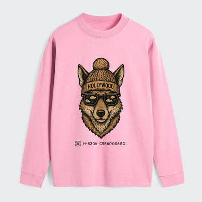 LA Coyote wearing Hollywood beanie with pom pom and wayfarer sunglasses - Classic Long Sleeve Shirt - Pink