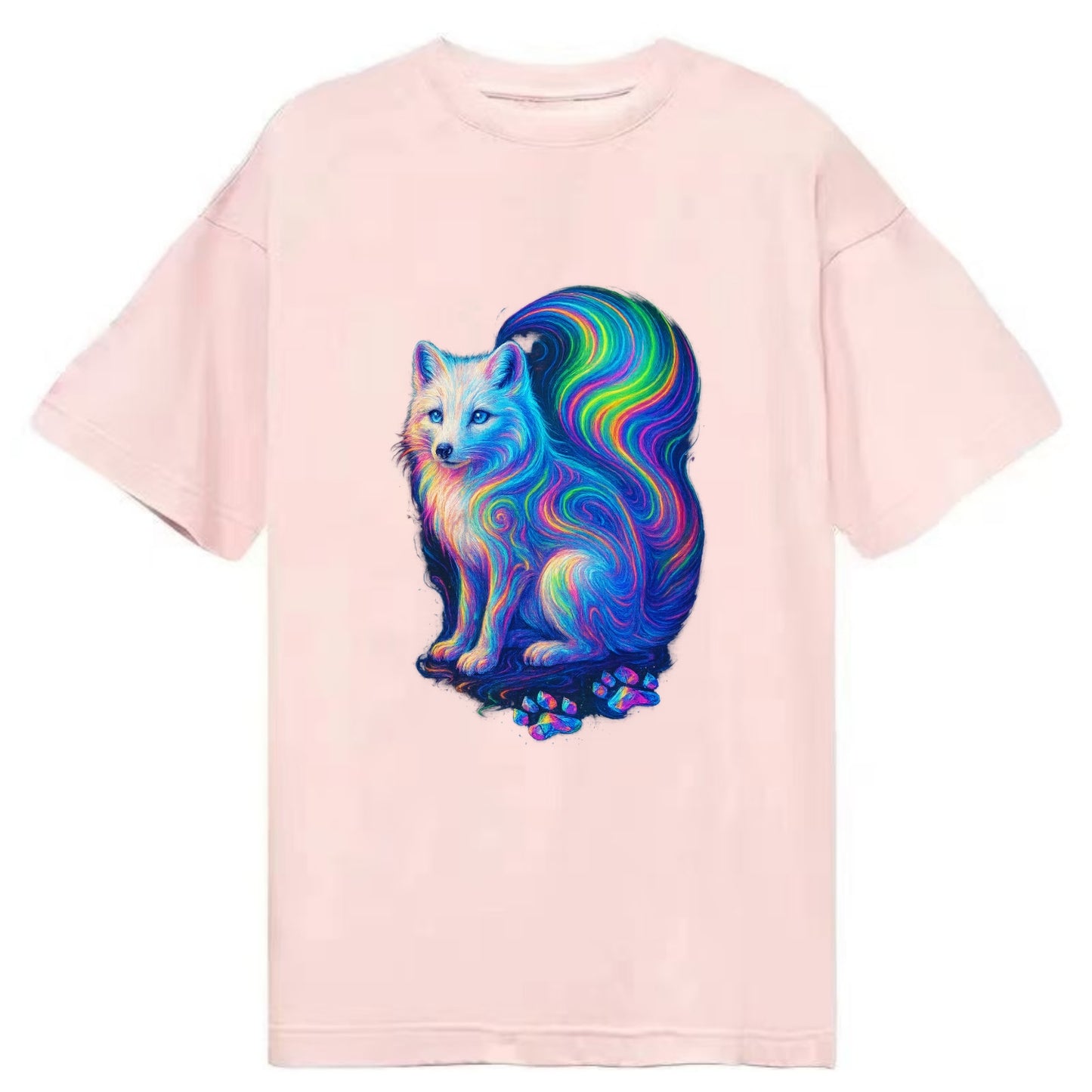 Graceful arctic fox with tail streaming aurora colors, white fur with prismatic - Classic T-shirt - Pink
