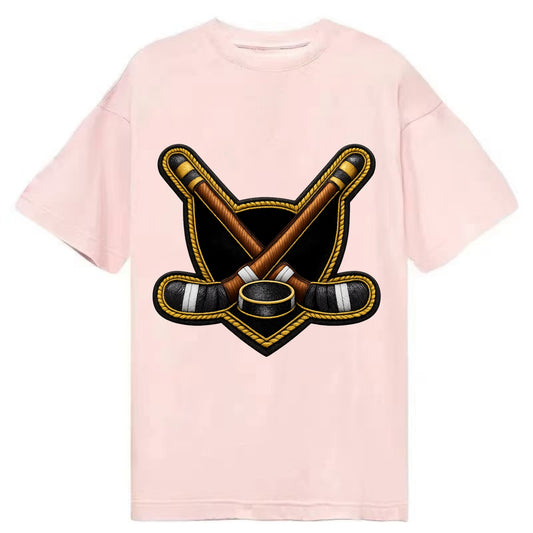 Embroidered patch design - HOCKEY CROSSED STICKS - ice hockey sticks with puck in - Classic T-shirt - Pink