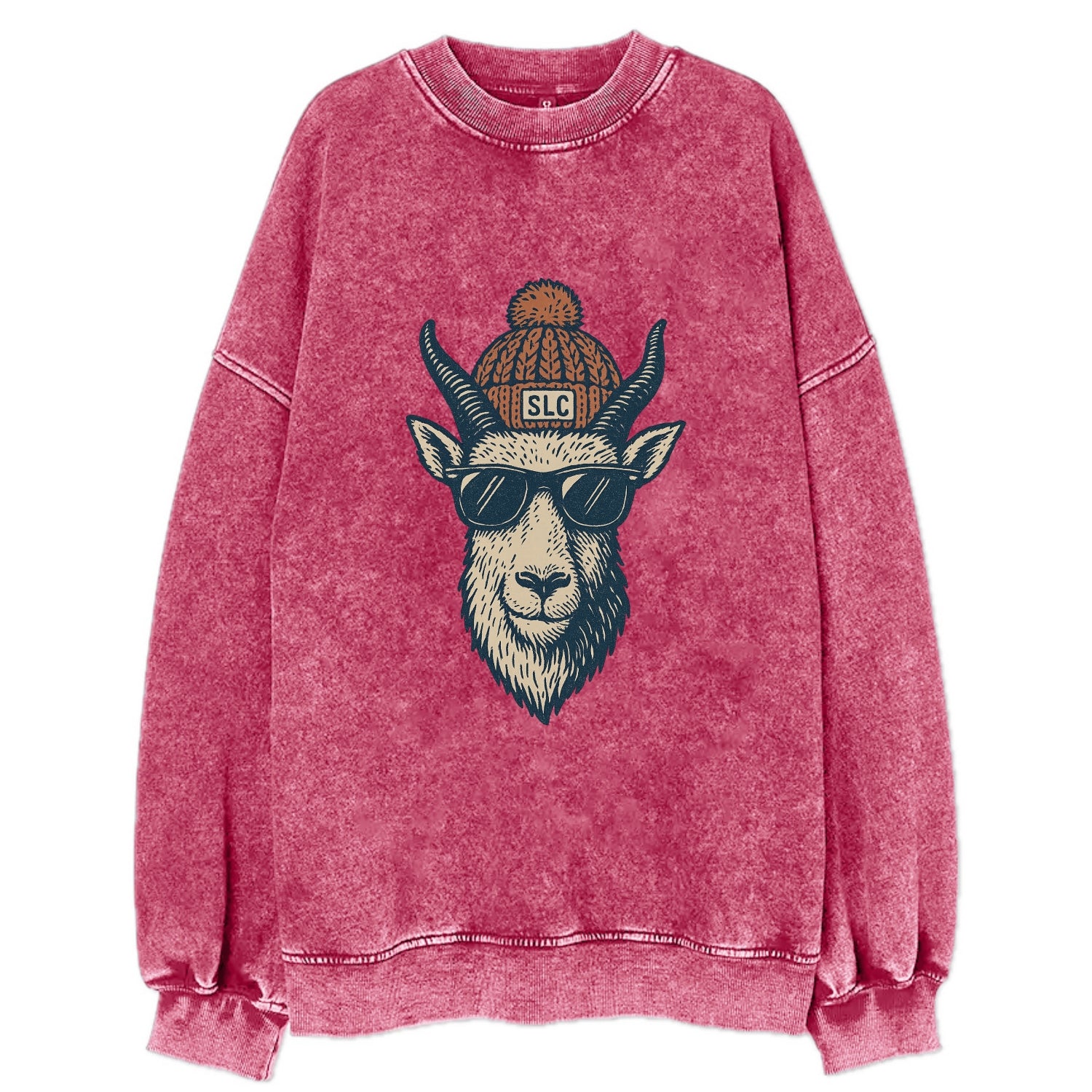 Salt Lake City Mountain Goat wearing SLC beanie with pom pom and wayfarer - Vintage Sweatshirt - Pink