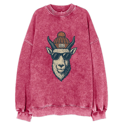 Salt Lake City Mountain Goat wearing SLC beanie with pom pom and wayfarer - Vintage Sweatshirt - Pink