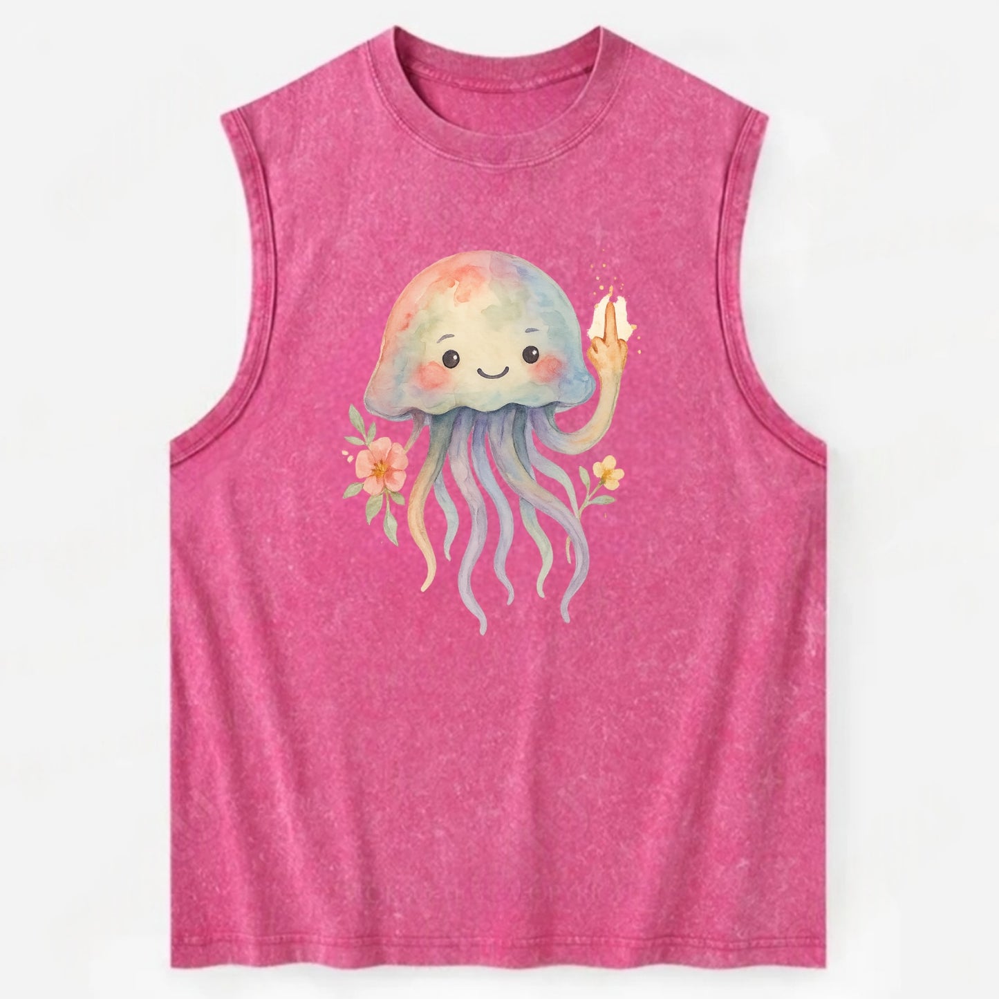 jellyfish with kawaii face and tentacles, one tentacle pointing up defiantly - Vintage Washed Tank - Pink