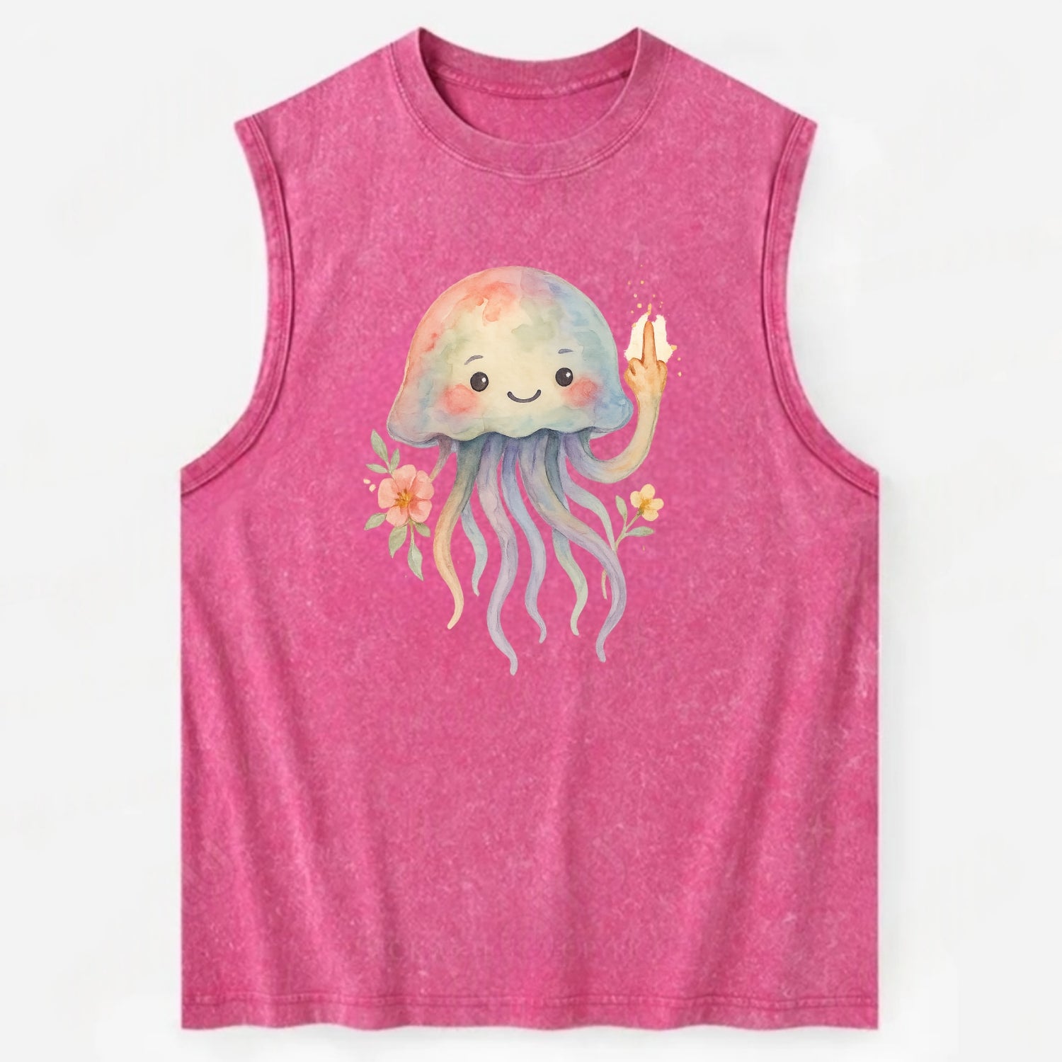 jellyfish with kawaii face and tentacles, one tentacle pointing up defiantly - Vintage Washed Tank - Pink
