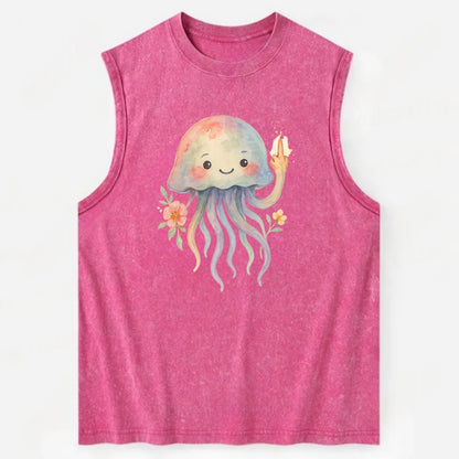 jellyfish with kawaii face and tentacles, one tentacle pointing up defiantly - Vintage Washed Tank - Pink