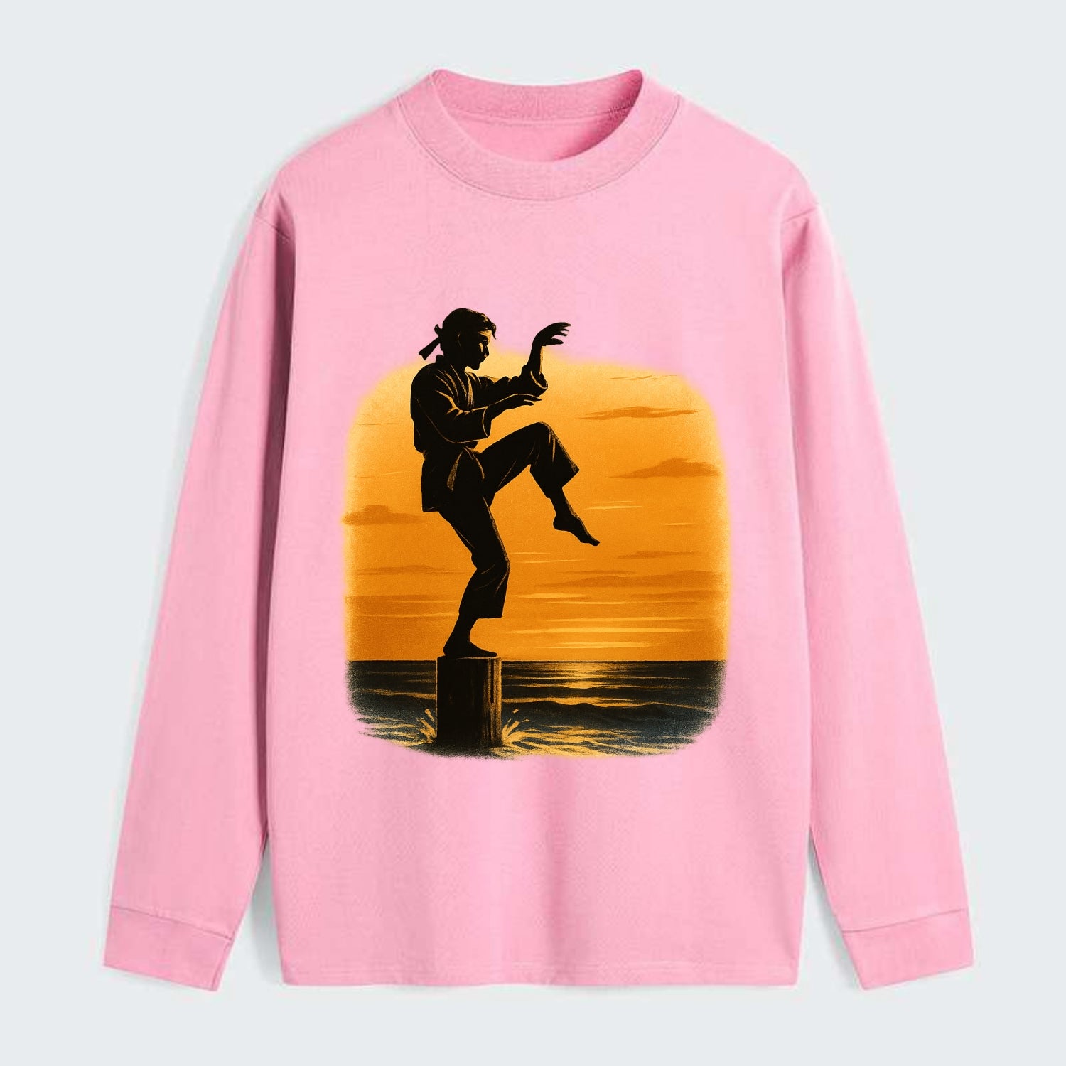 karate crane kick pose on wooden post at beach sunset - Classic Long Sleeve Shirt - Pink