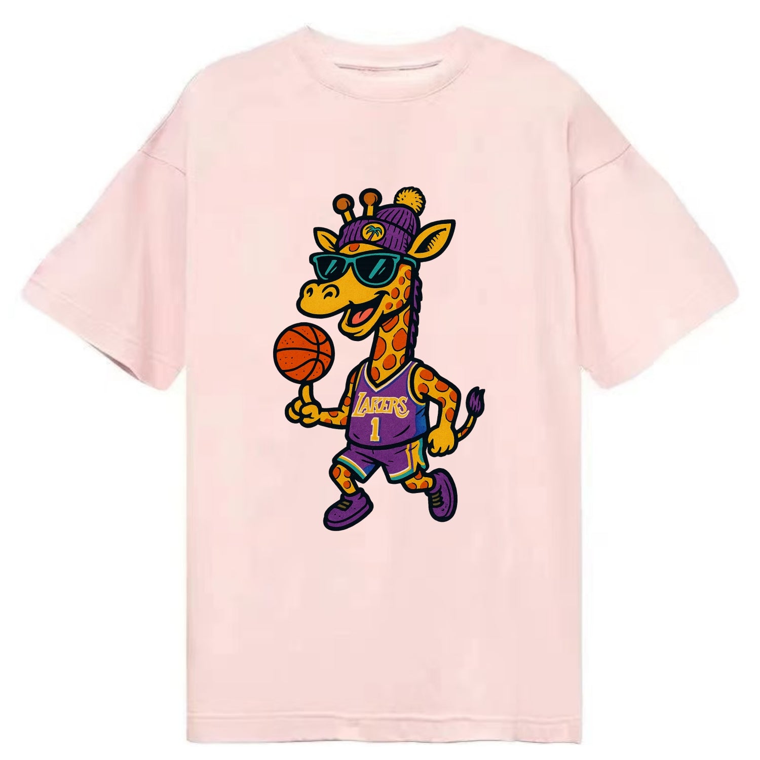 California Giraffe wearing Lakers beanie with palm tree patch and wayfarer - Classic T-shirt - Pink