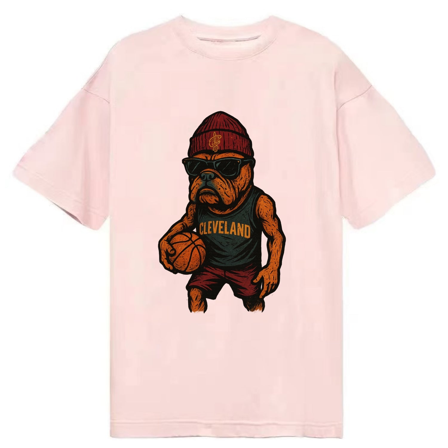 Cleveland Bulldog wearing Cavaliers wine and gold beanie with sword patch and - Classic T-shirt - Pink