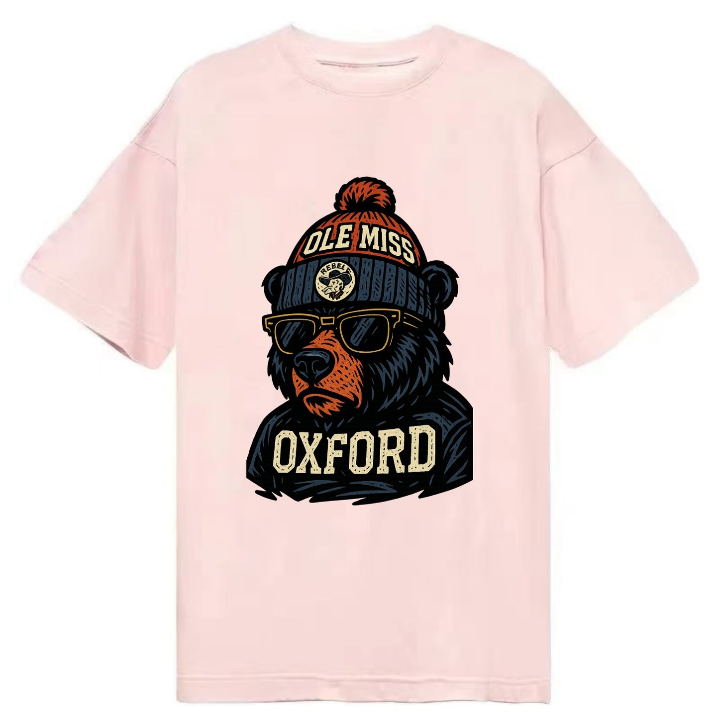 Oxford Black Bear wearing Ole Miss beanie with rebel patch - Classic T-shirt - Pink