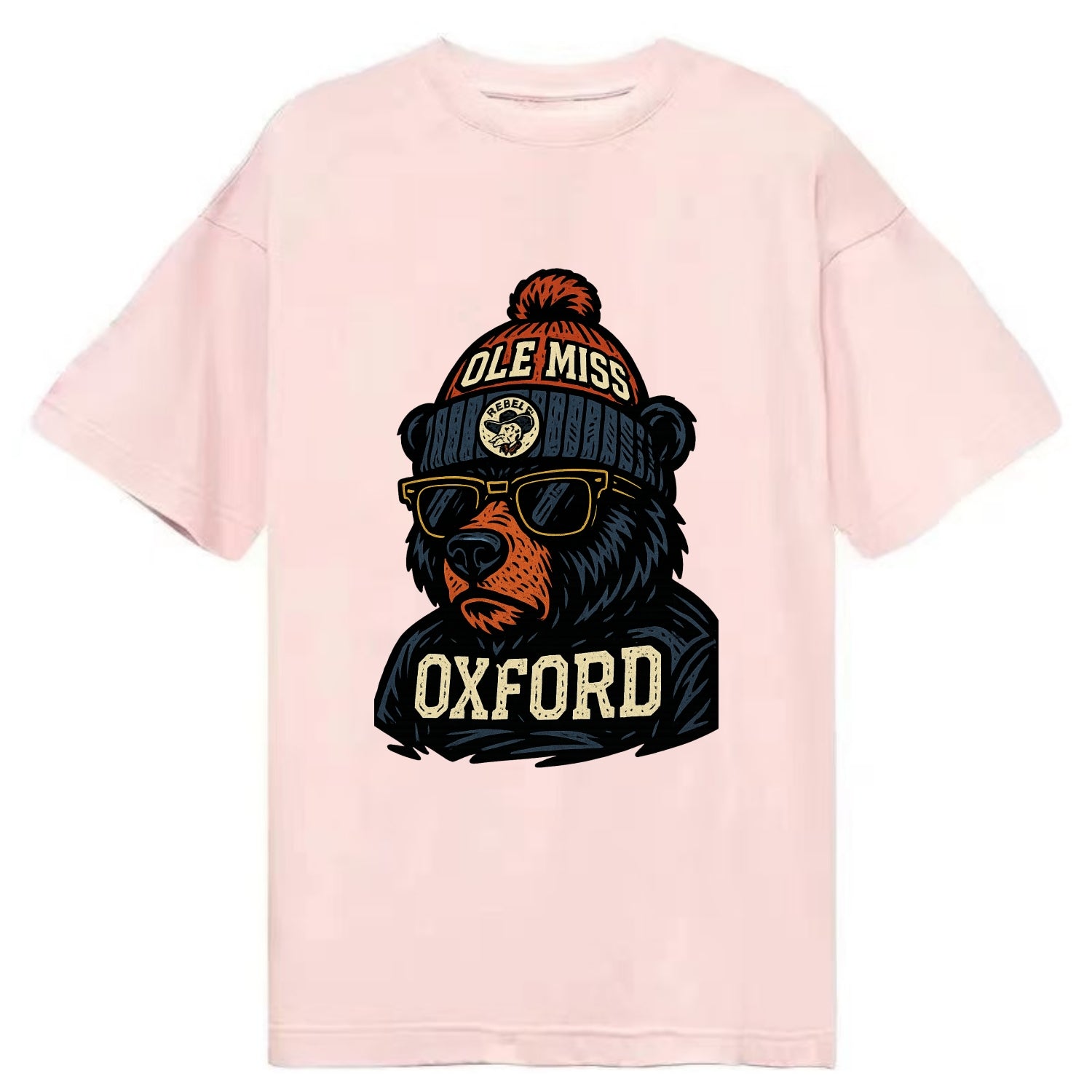 Oxford Black Bear wearing Ole Miss beanie with rebel patch - Classic T-shirt - Pink