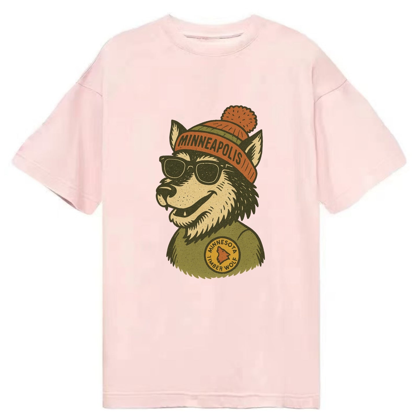 Minnesota Timber Wolf wearing Minneapolis beanie with pom pom and wayfarer - Classic T-shirt - Pink