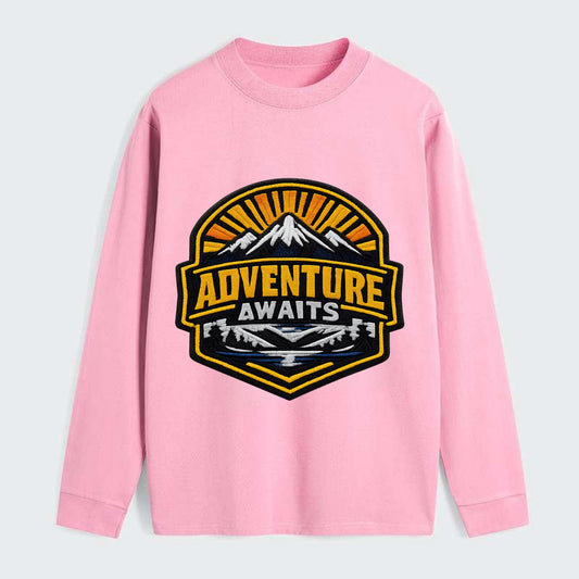 ADVENTURE AWAITS - mountain sunrise with text in gold and blue , - Classic Long Sleeve Shirt - Pink
