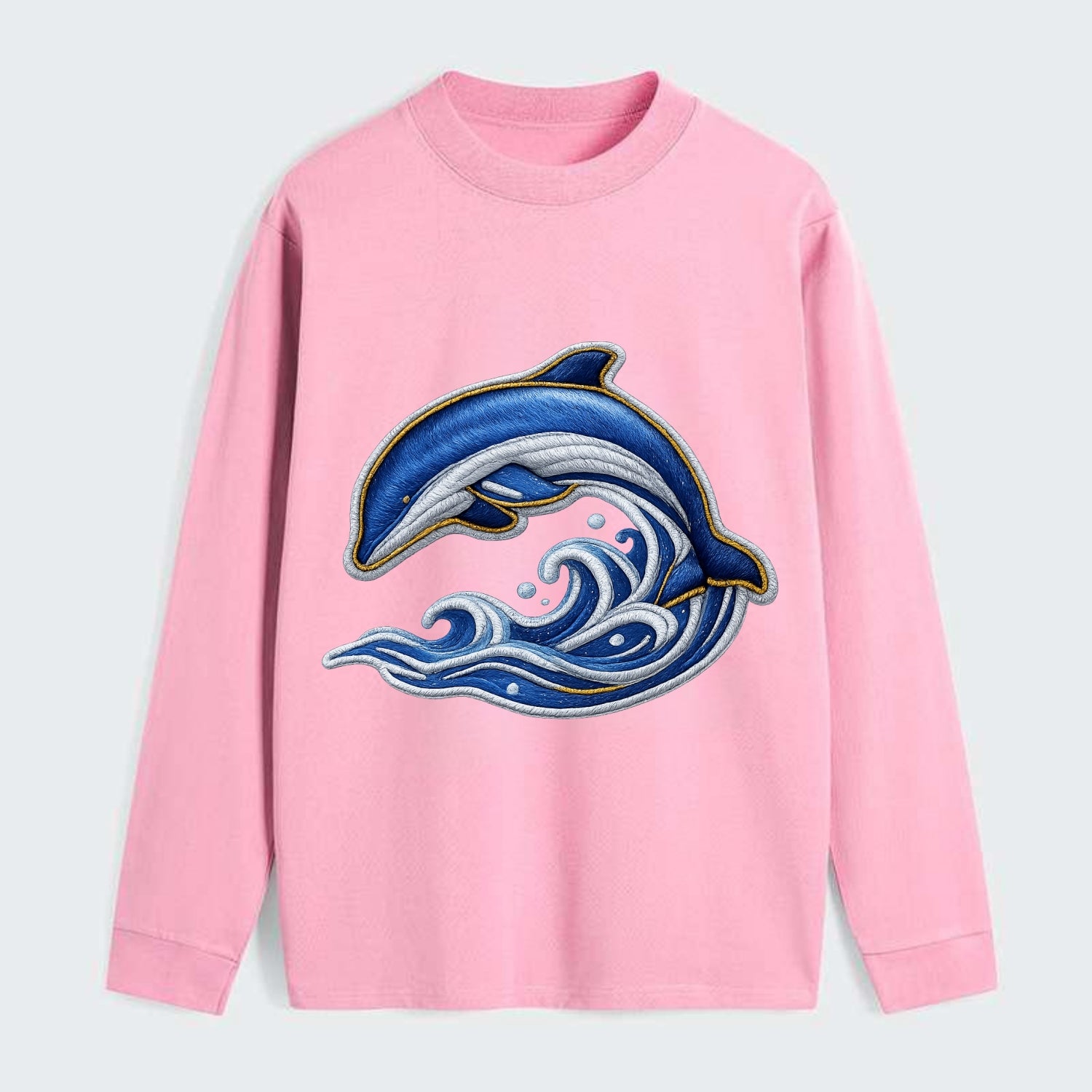 Embroidered patch design - SWIMMING DOLPHIN - diving dolphin with waves - Classic Long Sleeve Shirt - Pink