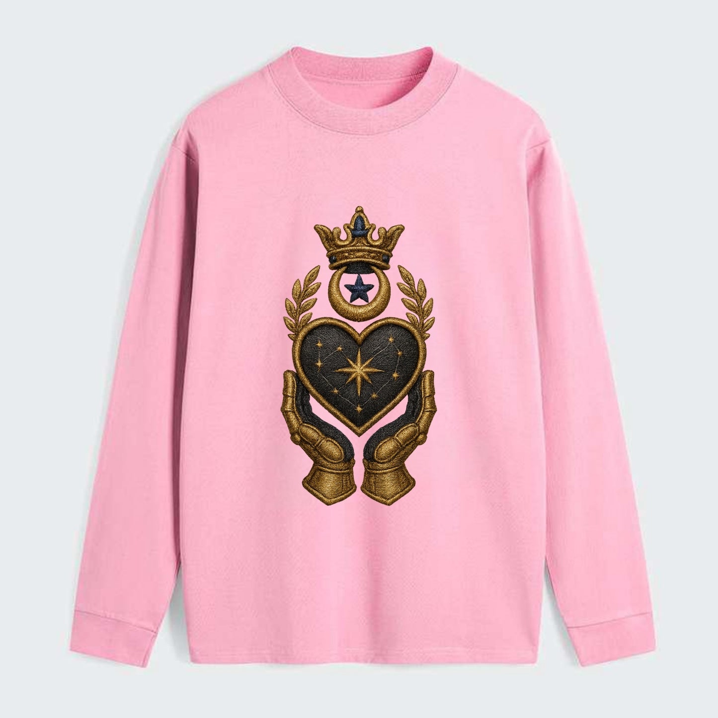 Crowned heart with Art Deco sunburst crown and geometric filigree hands - Classic Long Sleeve Shirt - Pink