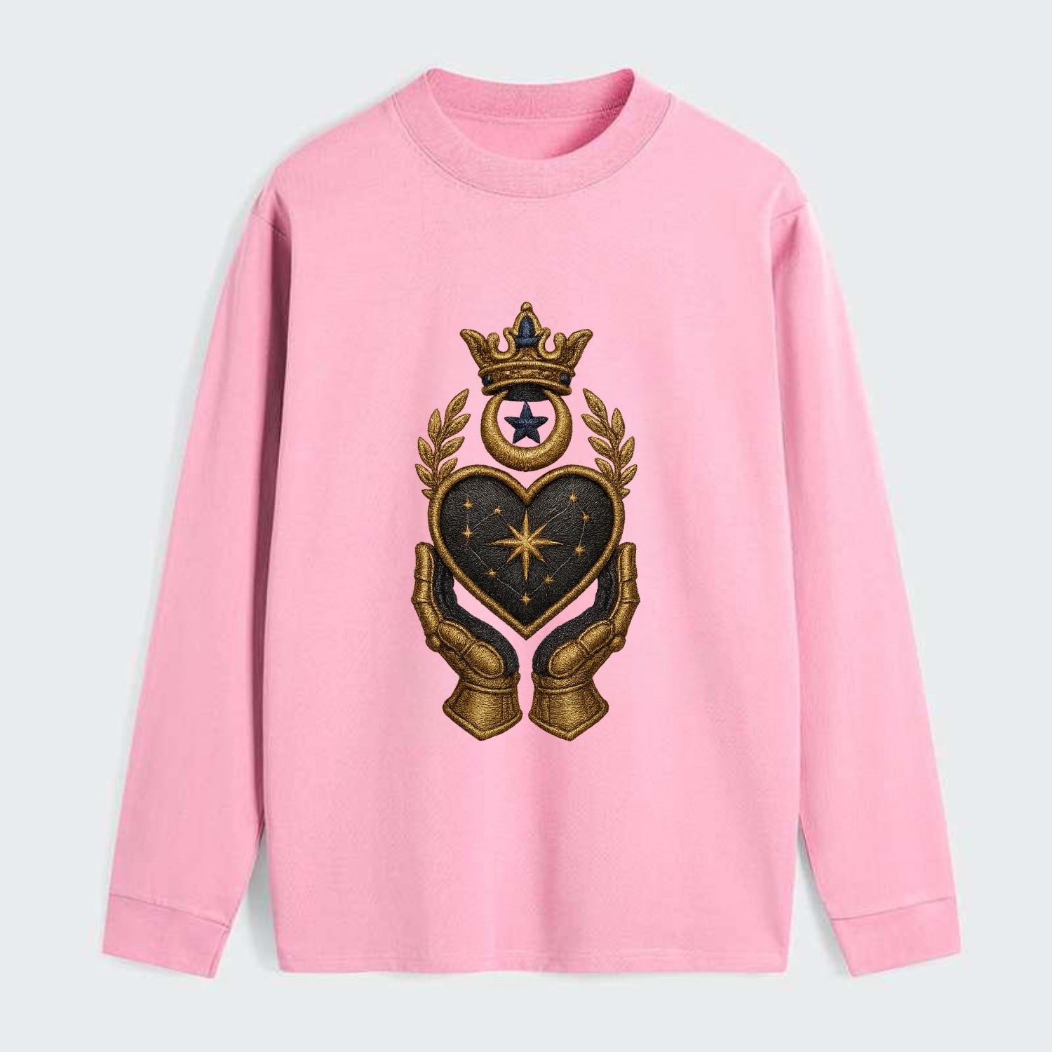 Crowned heart with Art Deco sunburst crown and geometric filigree hands - Classic Long Sleeve Shirt - Pink