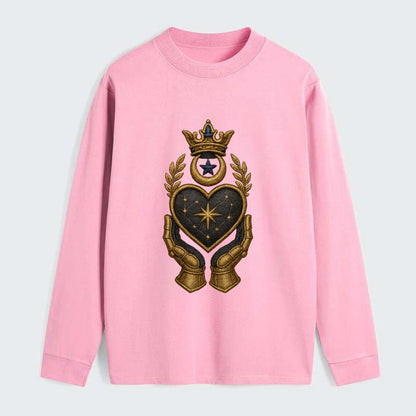 Crowned heart with Art Deco sunburst crown and geometric filigree hands - Classic Long Sleeve Shirt - Pink