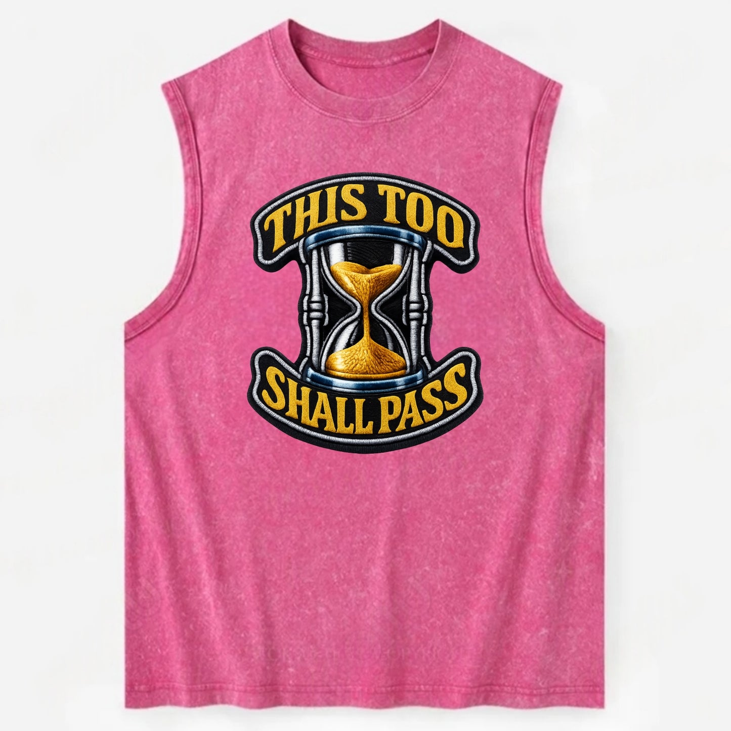 THIS TOO SHALL PASS - hourglass with text in gold , perspective - Vintage Washed Tank - Pink