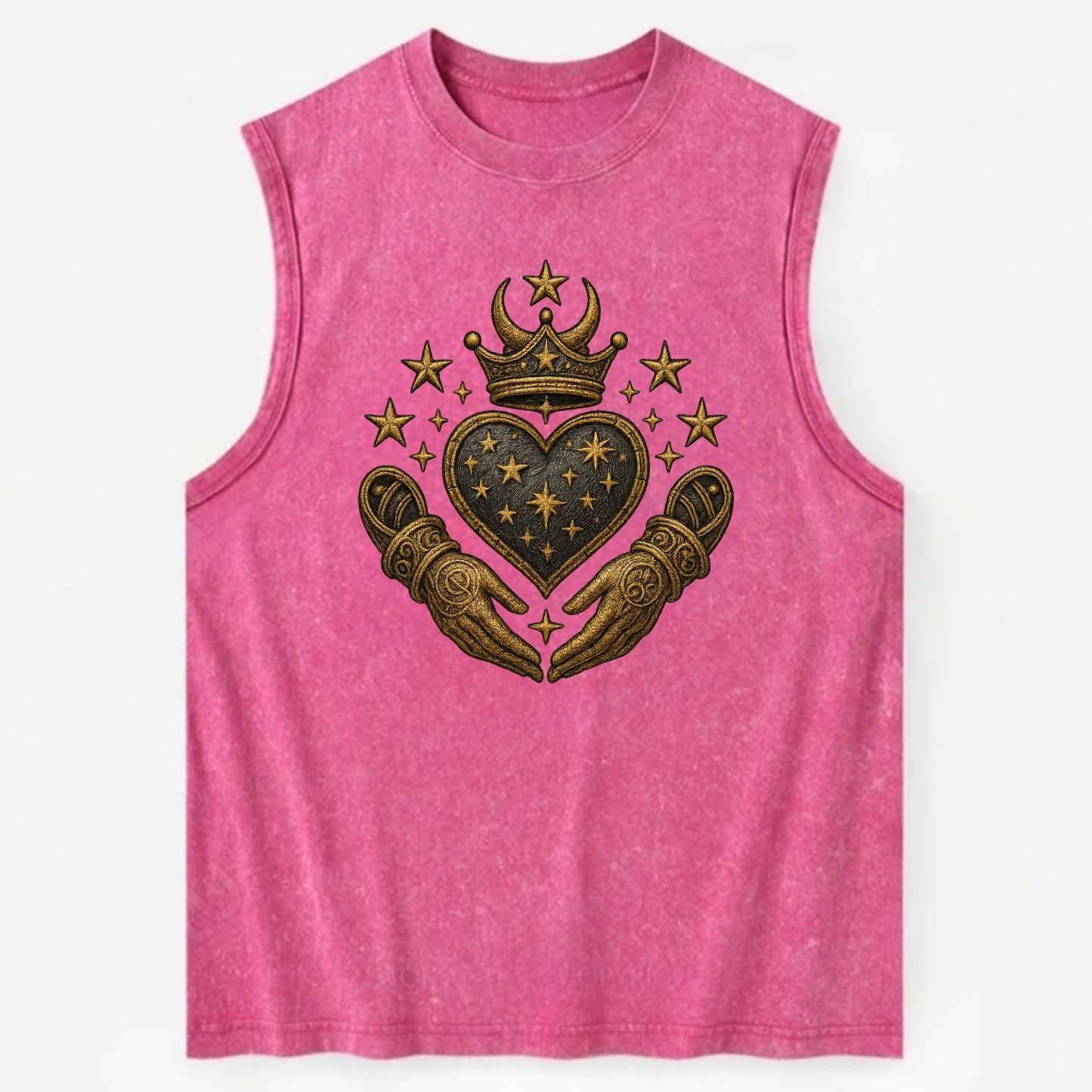 Weathered antique brass crown above a hammered gunmetal heart framed by - Vintage Washed Tank - Pink