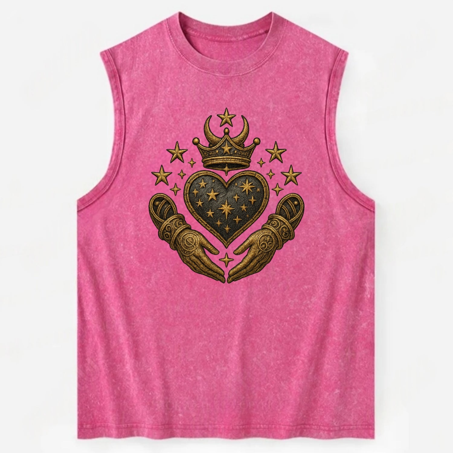 Weathered antique brass crown above a hammered gunmetal heart framed by - Vintage Washed Tank - Pink